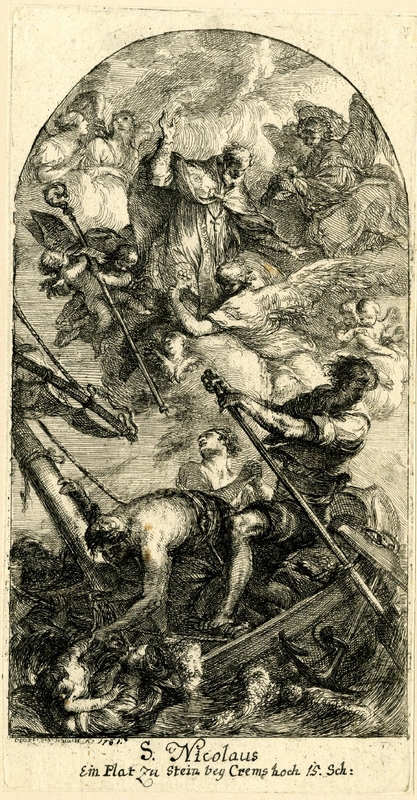 O ΄Αγιος Νικόλαος μέσα από τα σύννεφα σώζει τους ναυτικούς  που τον επικαλούνται, έργο του Martin Johann Schmidt, Βρεττανικό Μουσείο